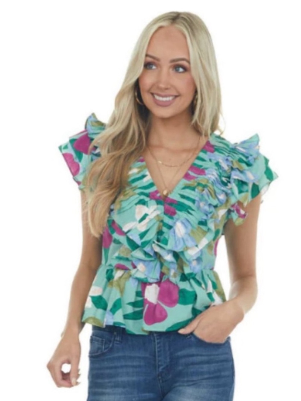 NWT Entro Green Purple Floral Ruffled Sleeve V Neck Peplum Blouse Boho Preppy